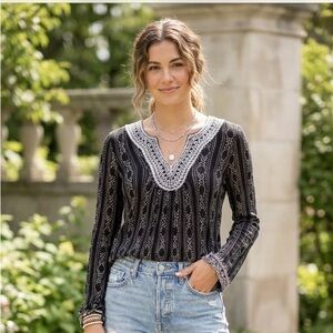 Embellished Black and White Lace Trim Lucky Brand Top